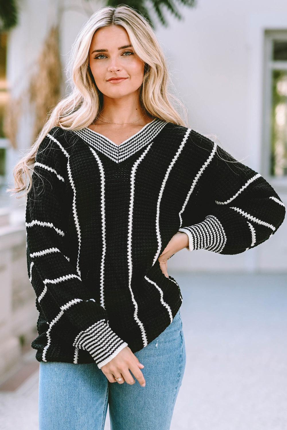 Black Striped Loose-Fitting Sweater