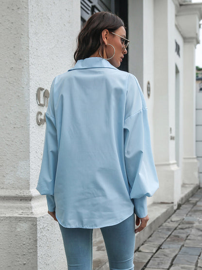 Lantern Sleeved Waist Tie Shirt