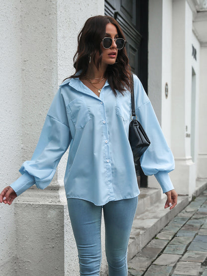 Lantern Sleeved Waist Tie Shirt