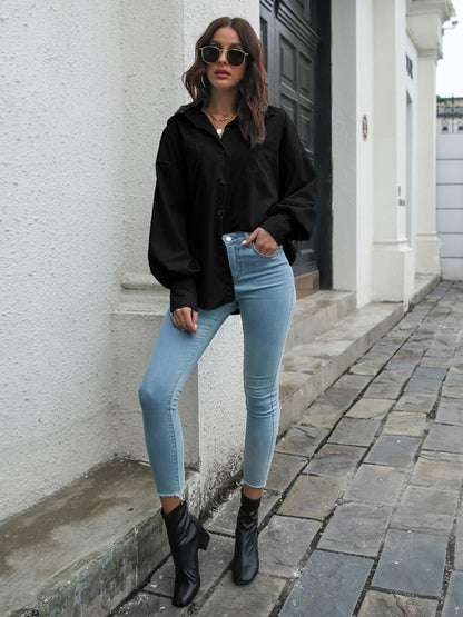 Lantern Sleeved Waist Tie Shirt