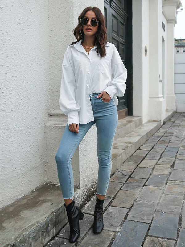 Lantern Sleeved Waist Tie Shirt