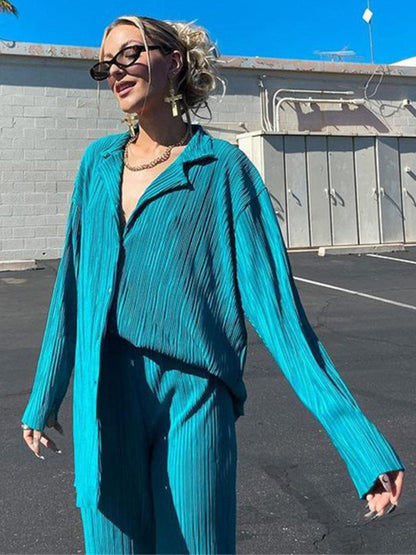 Pleated Loose-Drape Shirt and Trouser Set