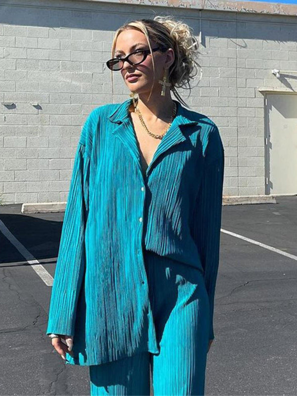 Pleated Loose-Drape Shirt and Trouser Set