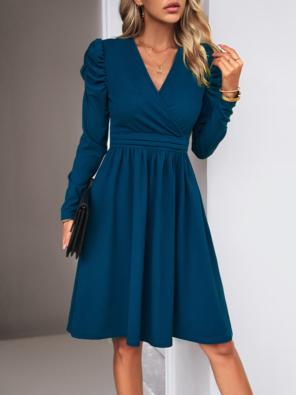 Solid Colored V-Neck Long Sleeve Dress