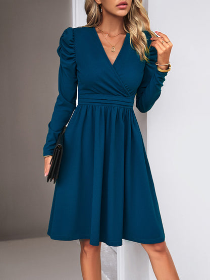 Solid Colored V-Neck Long Sleeve Dress