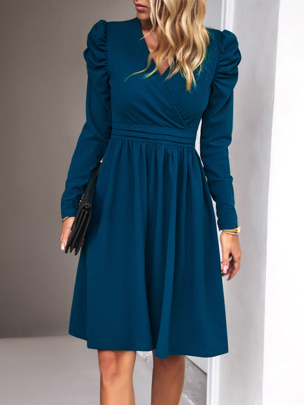 Solid Colored V-Neck Long Sleeve Dress