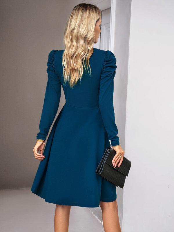 Solid Colored V-Neck Long Sleeve Dress