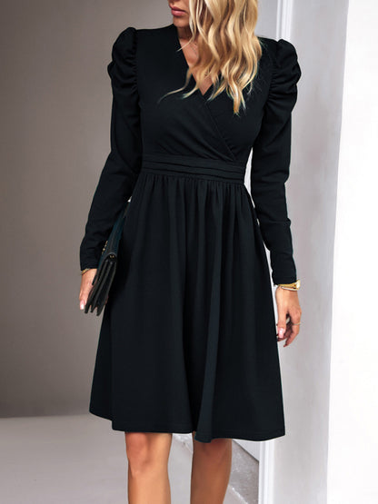 Solid Colored V-Neck Long Sleeve Dress