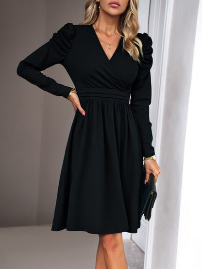 Solid Colored V-Neck Long Sleeve Dress