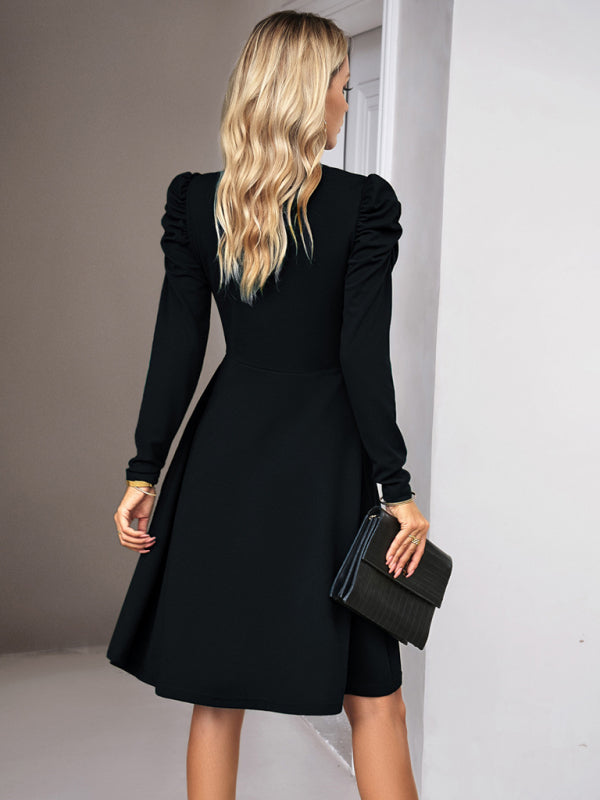 Solid Colored V-Neck Long Sleeve Dress