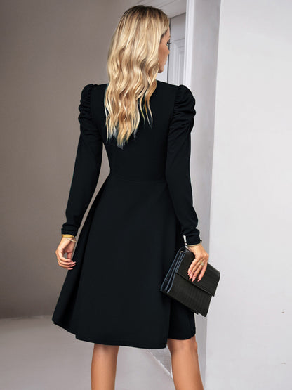 Solid Colored V-Neck Long Sleeve Dress