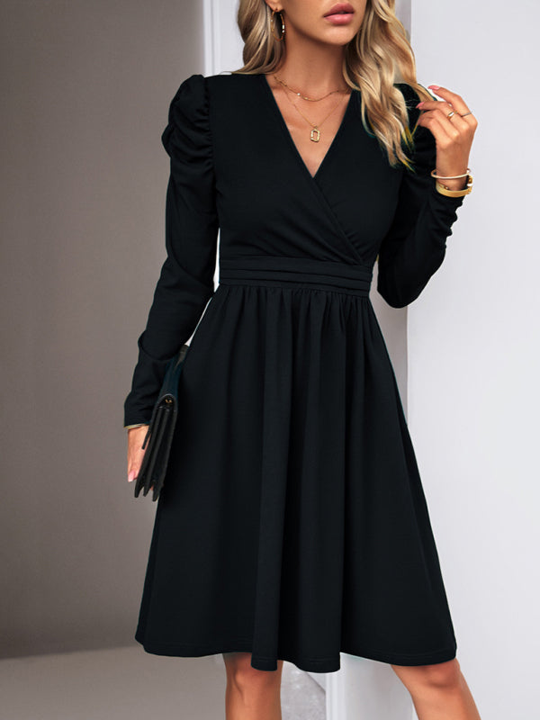 Solid Colored V-Neck Long Sleeve Dress