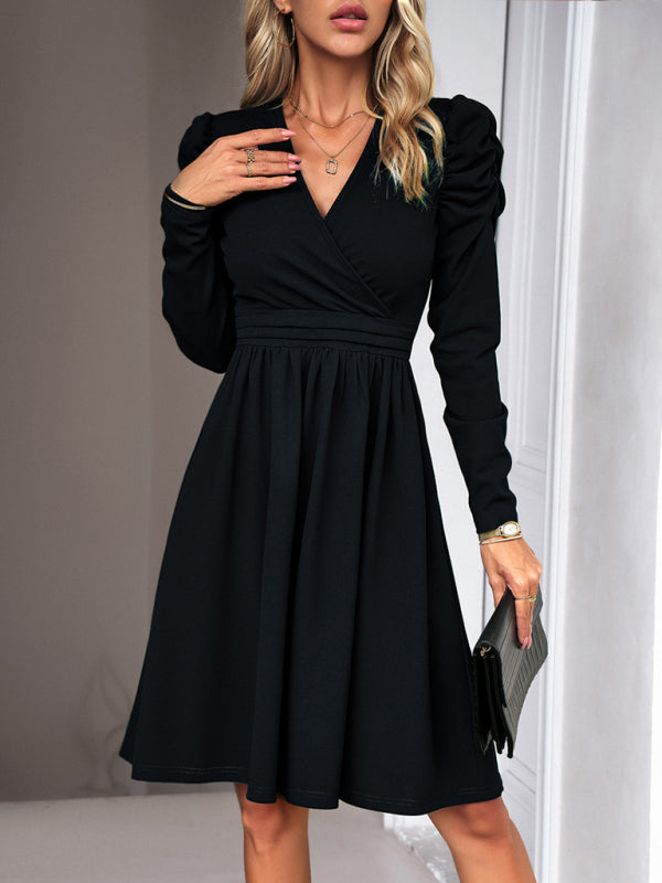 Solid Colored V-Neck Long Sleeve Dress