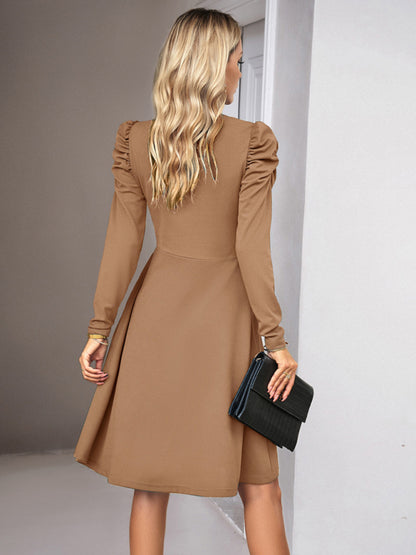 Solid Colored V-Neck Long Sleeve Dress