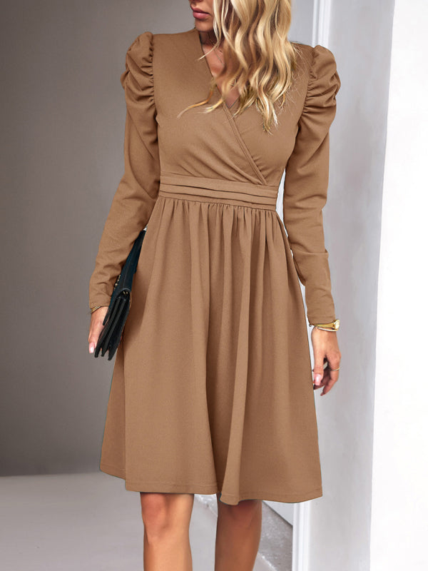 Solid Colored V-Neck Long Sleeve Dress