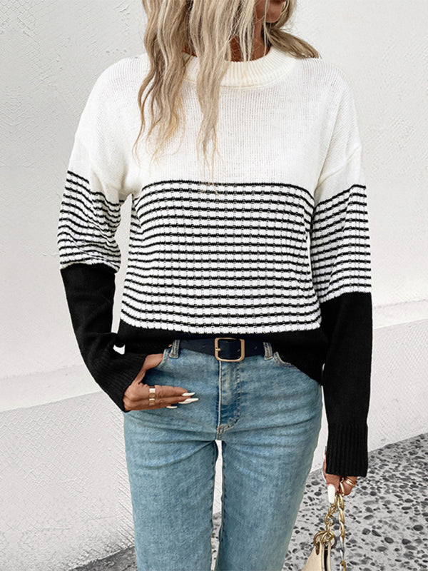 Long Sleeve Striped Contrast Color Pullover
