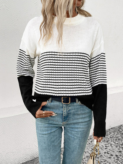 Long Sleeve Striped Contrast Color Pullover