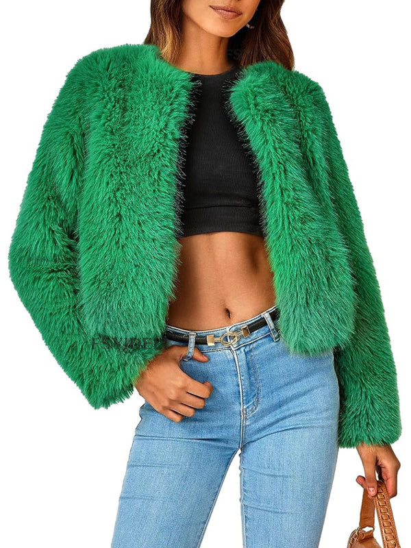 Furry Collarless Top Short Jacket