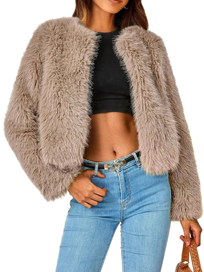 Furry Collarless Top Short Jacket