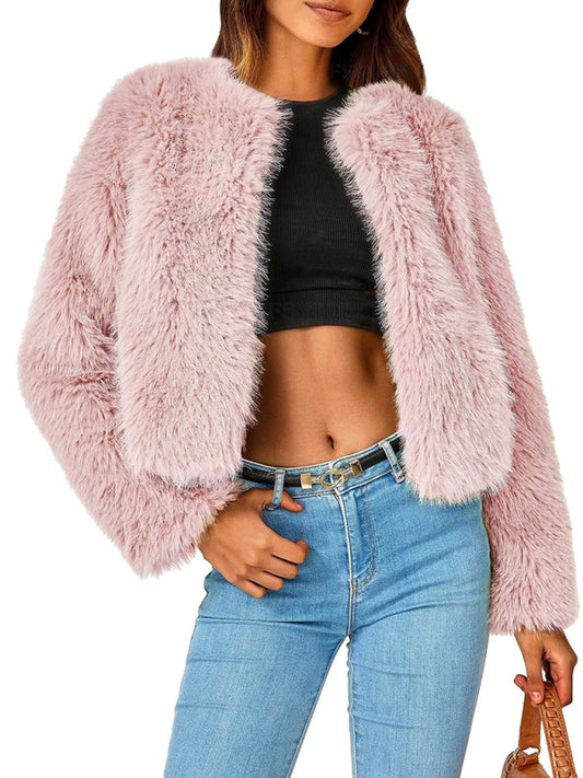 Furry Collarless Top Short Jacket