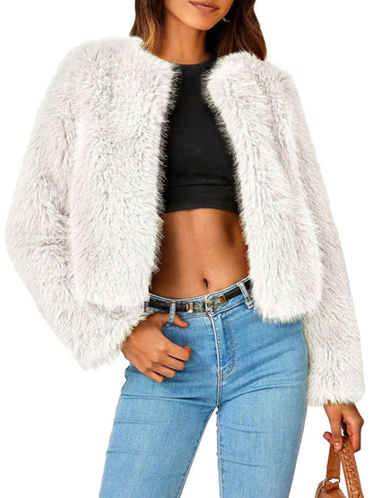 Furry Collarless Top Short Jacket