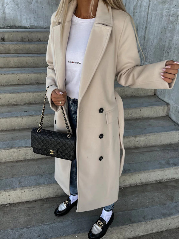 Long-Sleeved Lapeled Slit Woolen Trench-Jacket