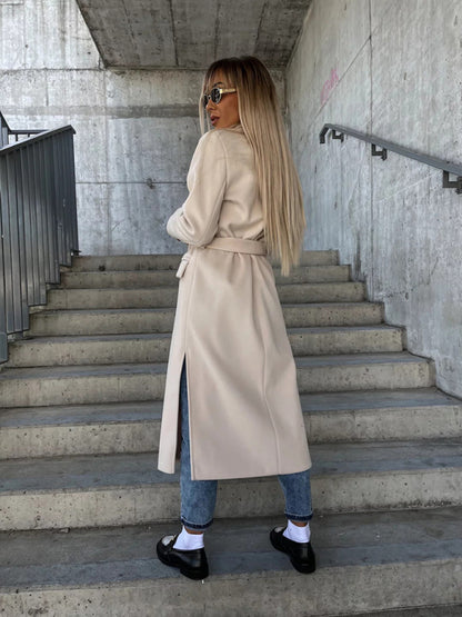 Long-Sleeved Lapeled Slit Woolen Trench-Jacket