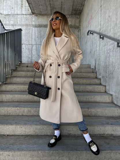 Long-Sleeved Lapeled Slit Woolen Trench-Jacket