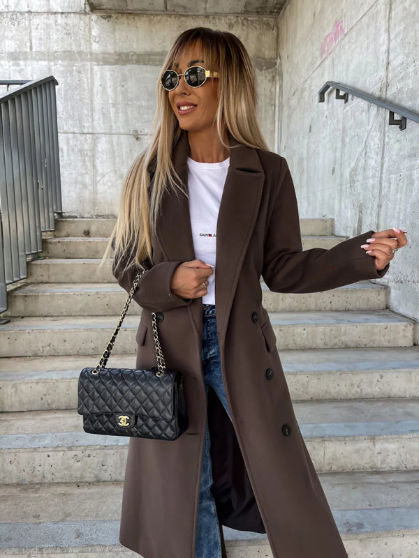 Long-Sleeved Lapeled Slit Woolen Trench-Jacket