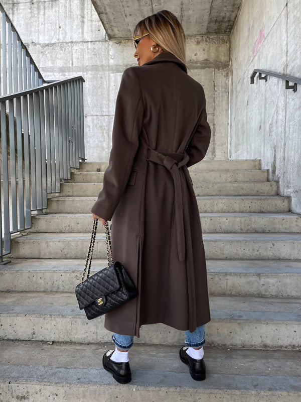 Long-Sleeved Lapeled Slit Woolen Trench-Jacket