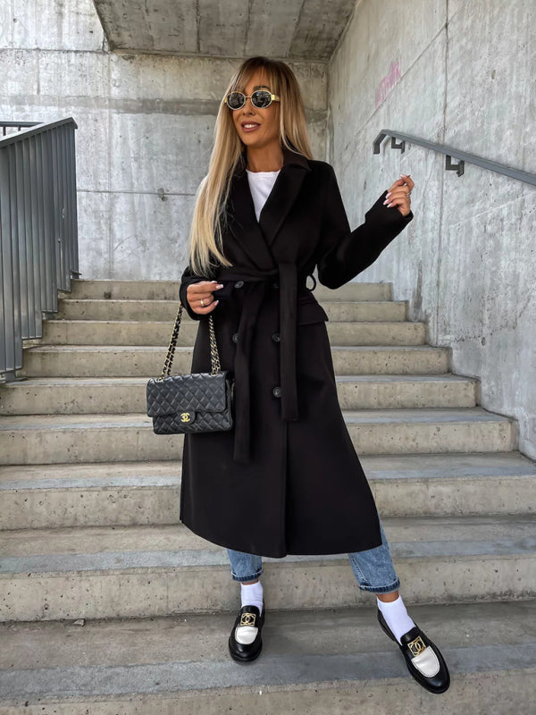 Long-Sleeved Lapeled Slit Woolen Trench-Jacket