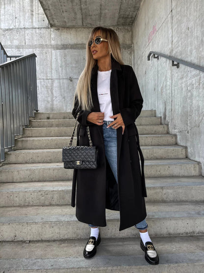 Long-Sleeved Lapeled Slit Woolen Trench-Jacket