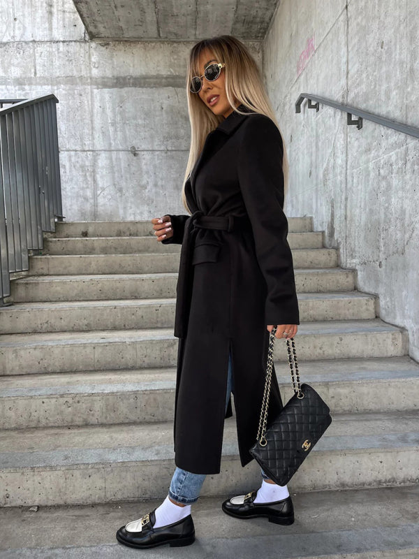 Long-Sleeved Lapeled Slit Woolen Trench-Jacket