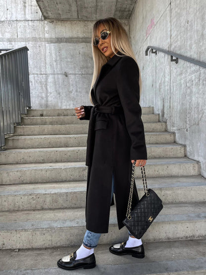 Long-Sleeved Lapeled Slit Woolen Trench-Jacket