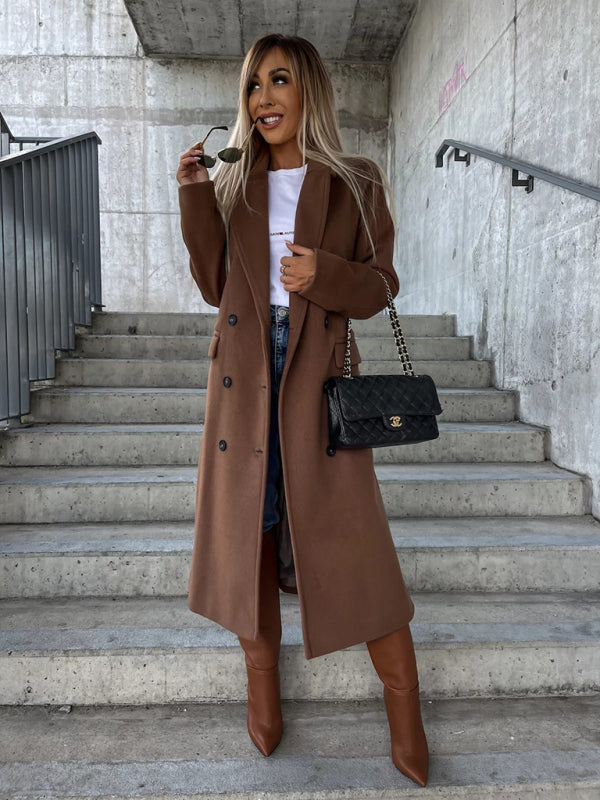Long-Sleeved Lapeled Slit Woolen Trench-Jacket
