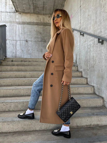 Long-Sleeved Lapeled Slit Woolen Trench-Jacket
