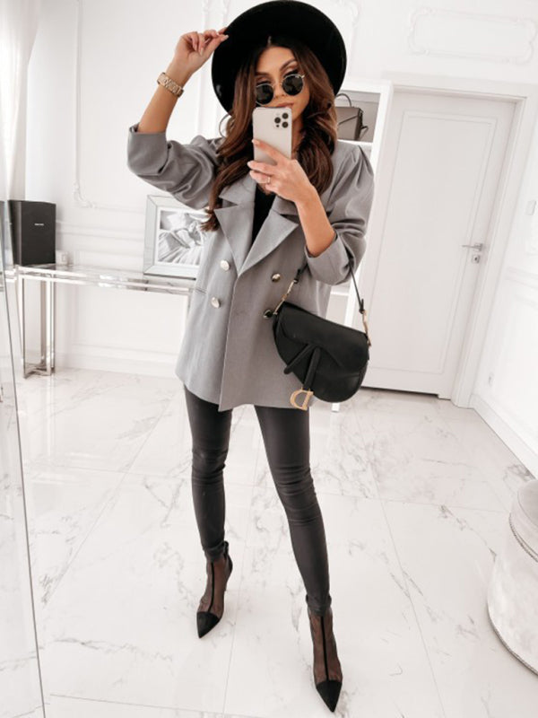 Double-Breasted Solid Color Buttoned Suit Jacket